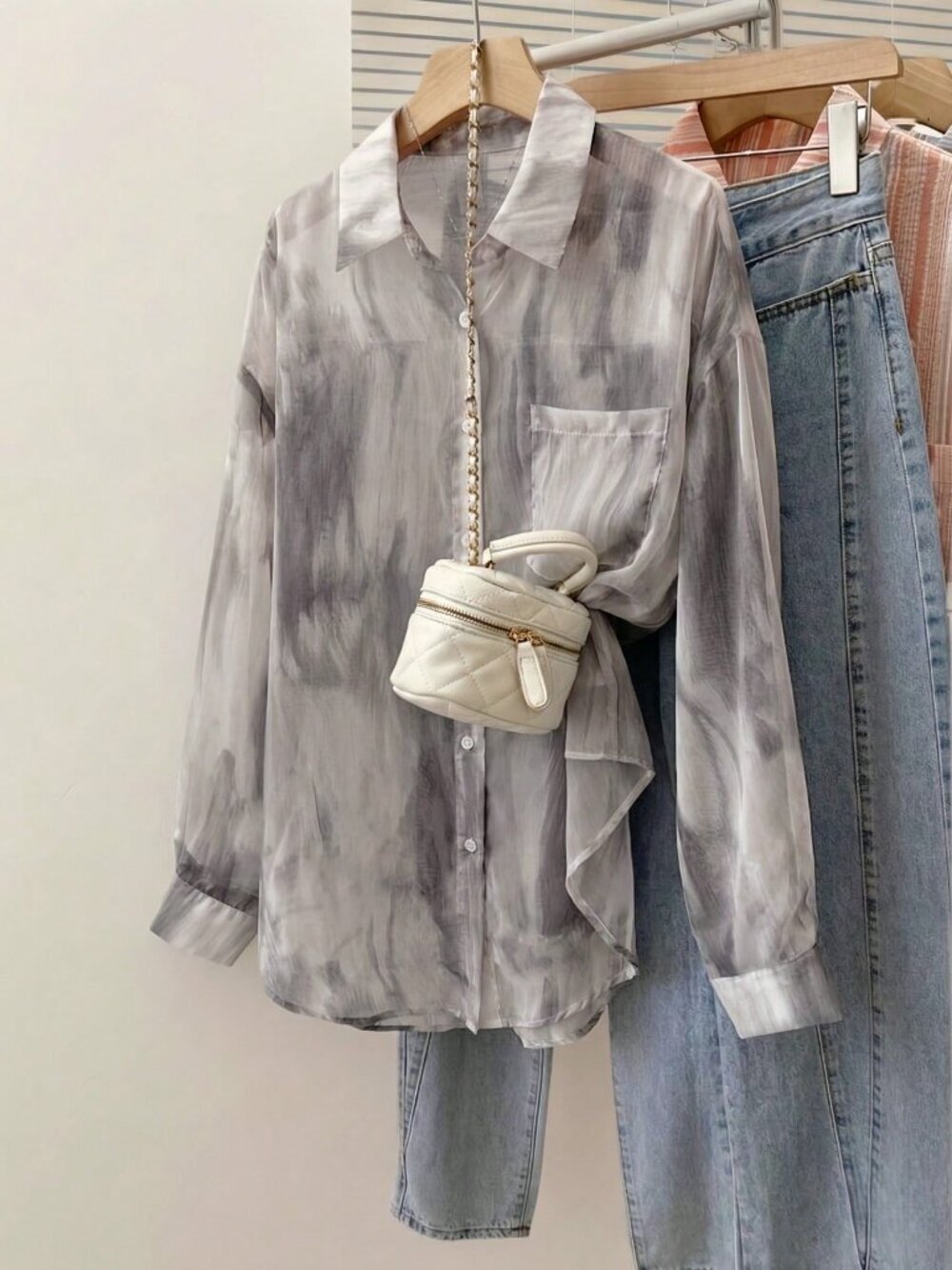 Light Grey Casual Women's Tie-Dye Lightweight Long Sleeve button down Blouse